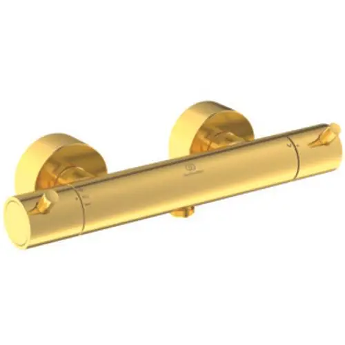 Brausethermostat in Gold-Finish von Ideal Standard. Das schlanke Design mit runden Griffen ermöglicht eine einfache Temperatur- und Wassersteuerung.